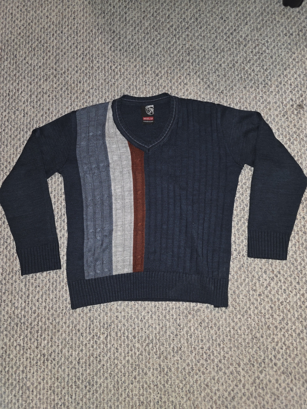 Diesel Men's Navy V-Neck Sweater with Gray, Light Gray & Brown Stripes